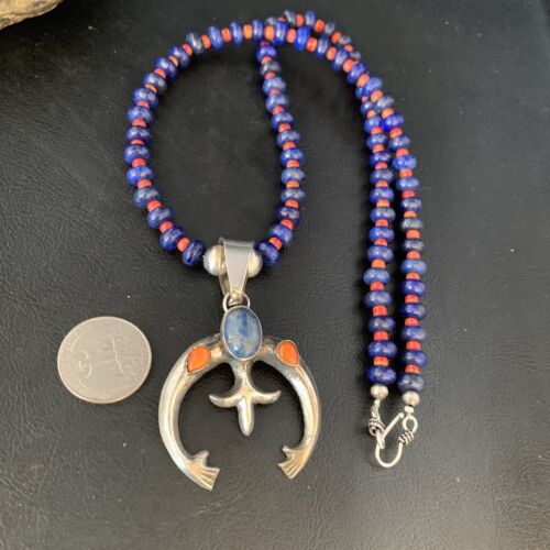Navajo Blue Lapis Spiny Oyster Naja Pendant Necklace | Sterling Silver | Authentic Native American Handmade | 13706