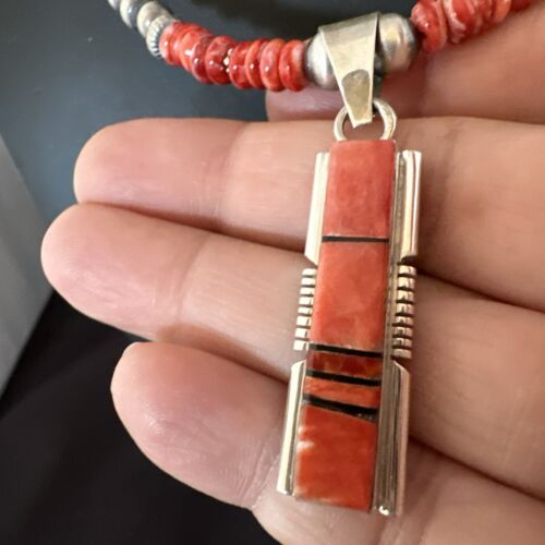 Navajo Pearls Sterling Silver Necklace with Lapis and Red Spiny Oyster Inlay Pendant | 17119