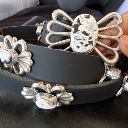 Men's White Buffalo Turquoise Concho Belt | Sterling Silver Navajo Tufa | Authentic Native American Handmade | 16683