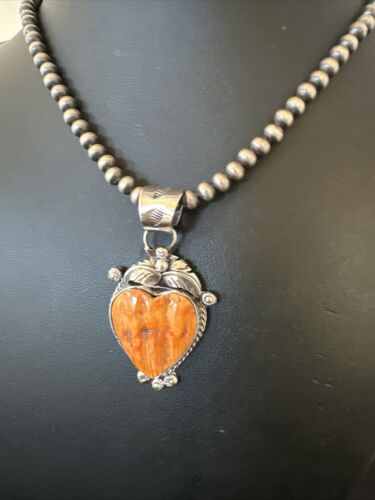 Navajo Orange Spiny Oyster Heart Pendant Necklace | Sterling Silver | Authentic Native American Handmade | 16415