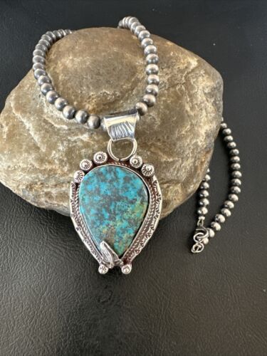 Navajo Blue Turquoise Pendant Necklace | Sterling Silver Pearls | Authentic Native American Handmade | 15761