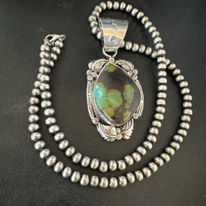 Men's Navajo Green Turquoise Pendant Necklace | Sterling Silver | Authentic Native American Handmade | 17526