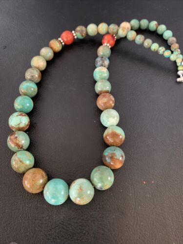 Navajo Green Turquoise & Apple Coral Graduated Necklace | Sterling Silver | Authentic Native American | 18" | 13200