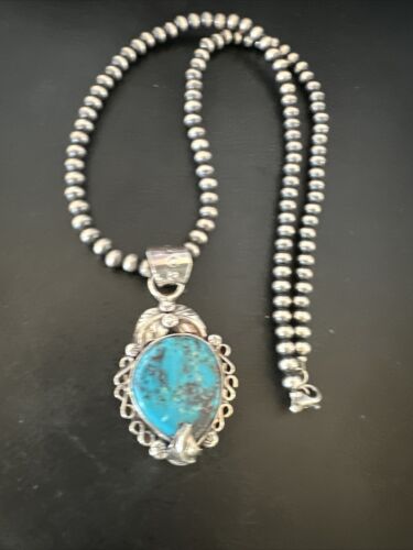 Navajo Blue Turquoise Pendant Necklace | Sterling Silver Pearls | Authentic Native American Handmade | 15639