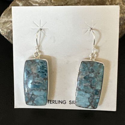 Navajo Blue Turquoise Dangle Earrings | Sterling Silver | Authentic Native American Handmade | 15437