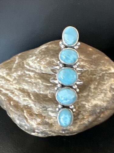 Navajo Women's Cluster Blue Larimar Ring | Authentic Native American Sterling Silver | Multi-Stone | Sz 7 | 16155