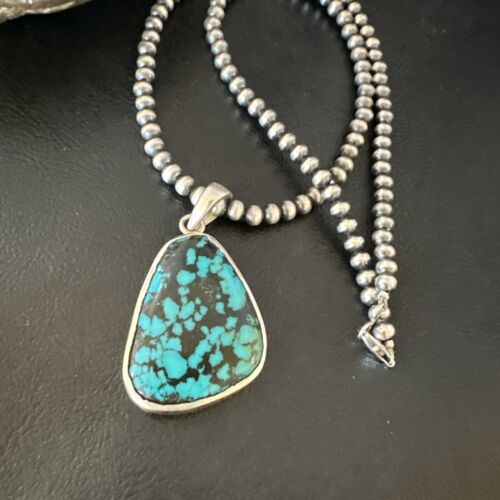 Men's Navajo Blue Spiderweb Turquoise Pendant Necklace | Sterling Silver | Authentic Native American Handmade | 16218