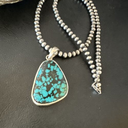 Men's Navajo Blue Spiderweb Turquoise Pendant Necklace | Sterling Silver | Authentic Native American Handmade | 16218