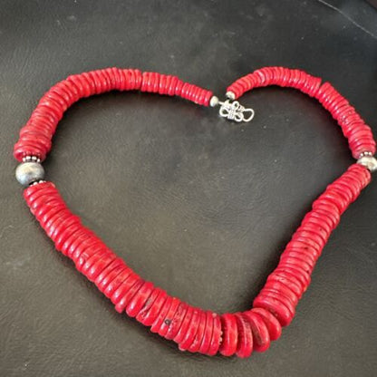 Authentic Native American Red Coral Graduated Navajo Pearls Necklace | Sterling Silver | 18" | 17537