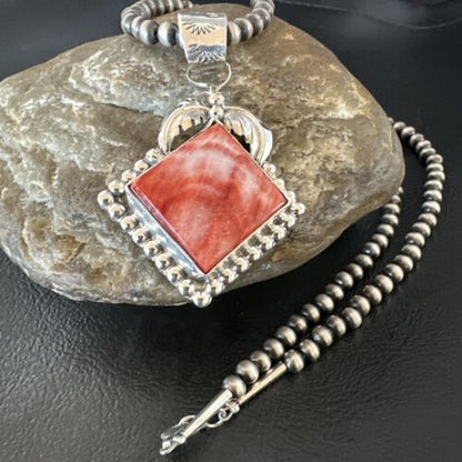 Navajo Red Spiny Oyster Pendant Necklace | Sterling Silver | Authentic Native American Handmade | 16145