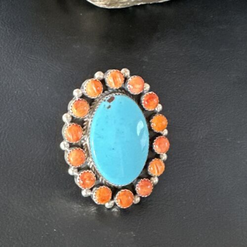 Navajo Turquoise & Spiny Oyster Cluster Ring | Authentic Native American Sterling Silver | Multi-Stone | Sz 12 | 16027