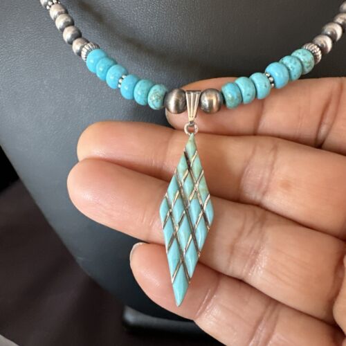 Navajo Blue Turquoise Inlay Pendant | Sterling Silver Necklace | Authentic Native American Handmade | 15421