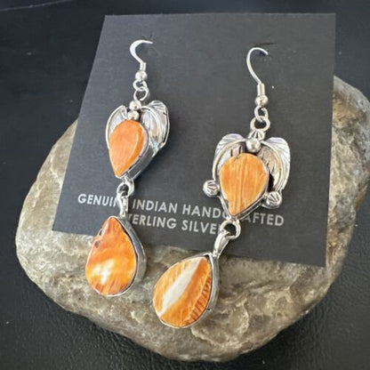 Navajo Orange Spiny Oyster Dangle Earrings | Sterling Silver | 1.5" | Authentic Native American Handmade | 16569
