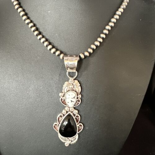 Navajo White Buffalo Turquoise & Onyx Pendant Necklace | Sterling Silver | Multi-Stone | 15315