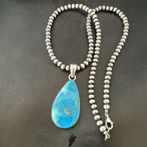 Navajo Blue Kingman Turquoise Pendant Necklace | Sterling Silver | 20" | Authentic Native American Handmade | 17000