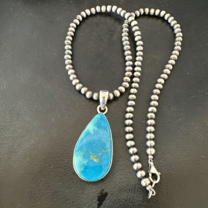 Navajo Blue Kingman Turquoise Pendant Necklace | Sterling Silver | 20" | Authentic Native American Handmade | 17000
