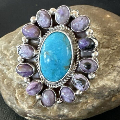Navajo Kingman Turquoise Charoite Ring | Authentic Native American Sterling Silver | Multi-Stone | Sz 10.5 | 17180
