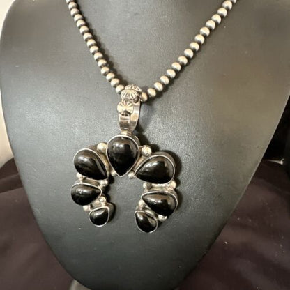 Men's Black Onyx Naja Pendant | Navajo Pearls Sterling Silver Necklace | Authentic Native American Handmade | 17070