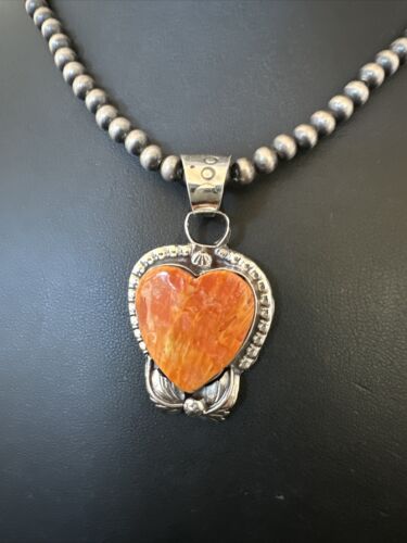 Navajo Orange Spiny Oyster Heart Pendant Necklace | Sterling Silver | Authentic Native American Handmade | 16414