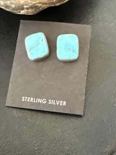 Navajo Blue Kingman Turquoise Post Stud Earrings | Sterling Silver | Authentic Native American Handmade | 17469