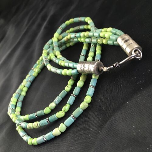 Navajo Blue Green Turquoise Necklace | 3-Strand | Sterling Silver | 17" | Authentic Native American Handmade | 10245