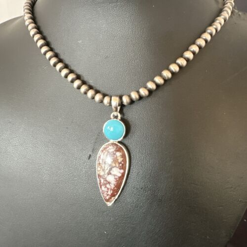 Navajo Wild Horse Blue Kingman Turquoise Necklace | Sterling Silver | SW Pendant | 17319