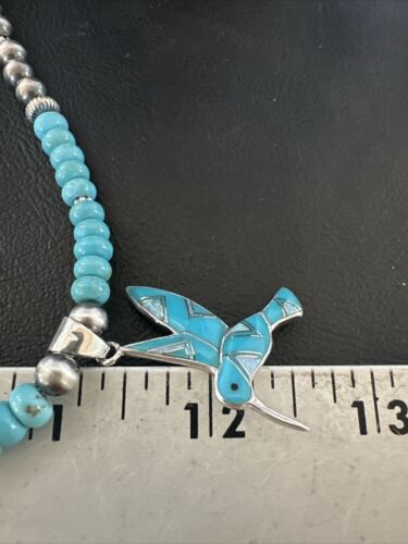 Navajo Turquoise Opal Hummingbird Inlay Pendant | Sterling Silver Necklace | Authentic Native American Handmade | 16844