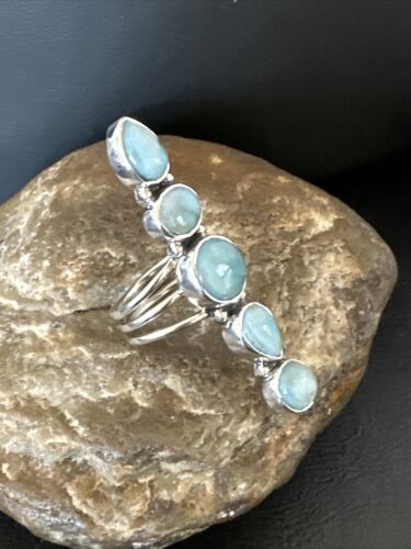 Navajo Blue Larimar Cluster Ring | Authentic Native American Sterling Silver | Multi-Stone | Sz 7.5 | 15943