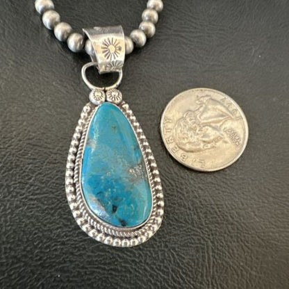 Navajo Pearls Kingman Turquoise Pendant Necklace | Sterling Silver | Authentic Native American Handmade | 17129