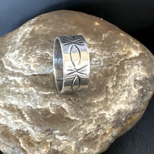 Men's Wide Band Navajo Stamped Ring | Sterling Silver | Sz 12 | Authentic Native American Handmade | 15126