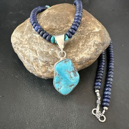 Navajo Lapis Turquoise Pendant Necklace | Sterling Silver | Authentic Native American Handmade | 17434