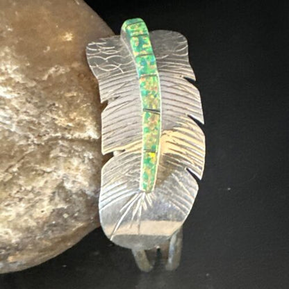 Navajo Green Fire Opal Inlay Bracelet | Sterling Silver | 7" | Authentic Native American Handmade | 15071