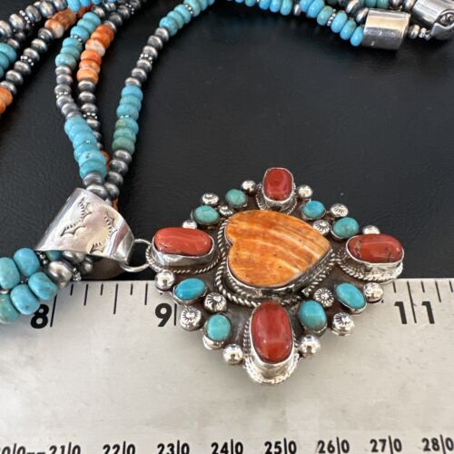 Navajo Turquoise Coral Spiny Heart Pendant | Sterling Silver 3-Strand Necklace | Authentic Native American Handmade | 16303