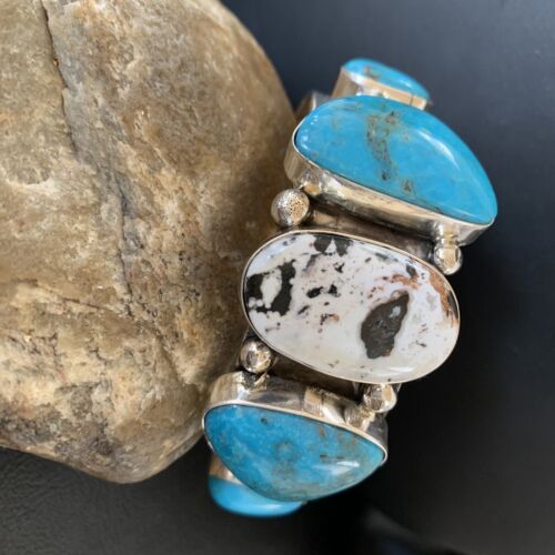 Navajo Kingman White Buffalo Turquoise Row Cuff Bracelet | Sterling Silver | Authentic Native American Handmade