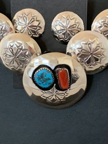 Navajo Coral Turquoise Necklace | Graduated Sterling Silver Pillow Stamped | 15635