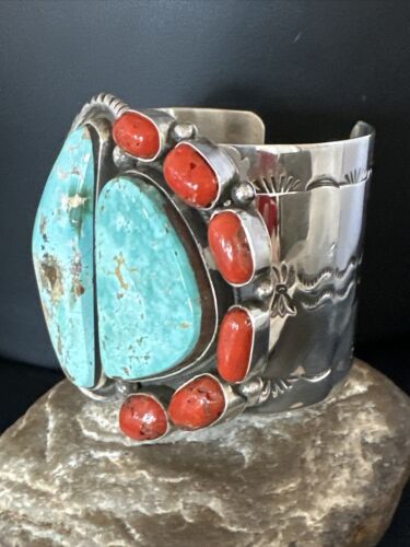 Navajo Green Royston Turquoise Coral Cuff Bracelet | Sterling Silver | Authentic Native American Handmade | 15309