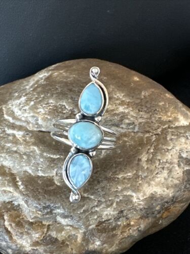 Navajo Blue Larimar Multi-Stone Cluster Ring | Authentic Native American Sterling Silver | Sz 8 | 16163