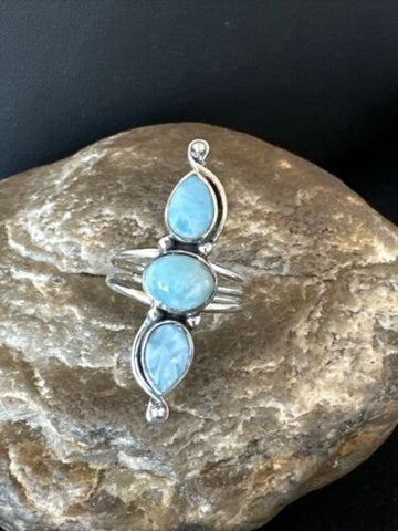 WoMens Cluster Blue Larimar 3 stone Navajo Sterling Silver Ring Size 8 16163