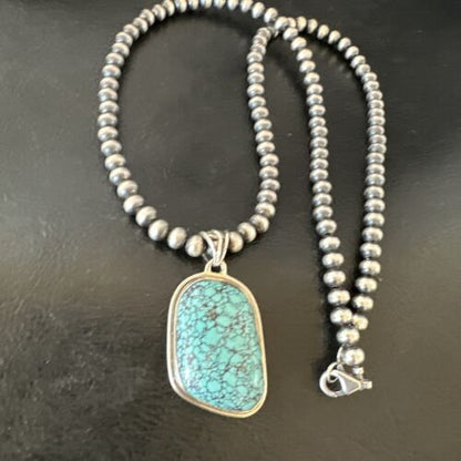 Men's Navajo Blue Spiderweb Turquoise Pendant Necklace | Sterling Silver | Authentic Native American Handmade | 16274