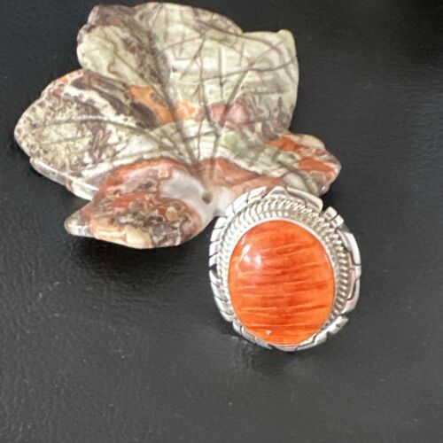 Navajo Orange Spiny Oyster Ring | Sterling Silver | Sz 7.5 | Authentic Native American Handmade | 16030