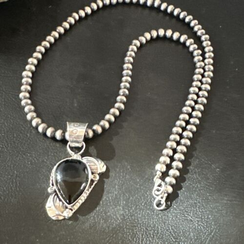 Navajo Pearls Black Onyx Necklace Pendant | Sterling Silver | Authentic Native American Handmade | 16527