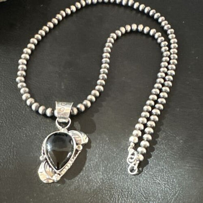Navajo Pearls Black Onyx Necklace Pendant | Sterling Silver | Authentic Native American Handmade | 16527