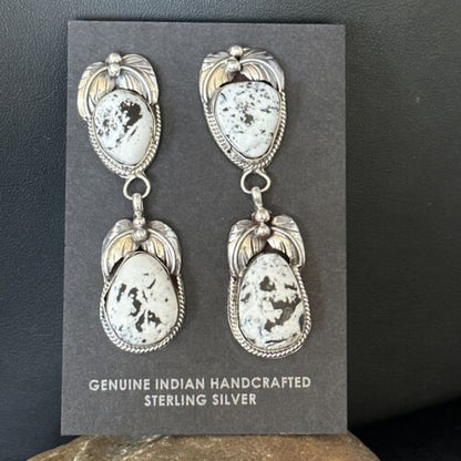 Navajo White Buffalo Turquoise Dangle Earrings | Sterling Silver | 2.5" | Authentic Native American Handmade | 14741