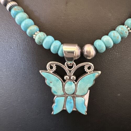 Navajo Butterfly Blue Ridge Turquoise Inlay Pendant Necklace | Sterling Silver | Native American Handmade | 16486