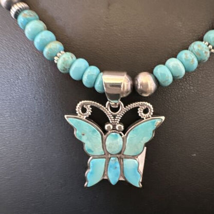 Navajo Butterfly Blue Ridge Turquoise Inlay Pendant Necklace | Sterling Silver | Native American Handmade | 16486