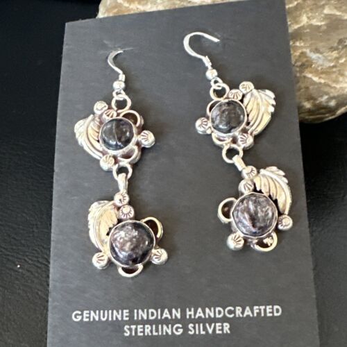 Navajo Purple Sugilite Dangle Earrings | Sterling Silver | 2" | Authentic Native American Handmade | 15691