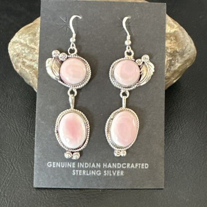 Navajo Pink Conch Shell Dangle Earrings | Sterling Silver | Authentic Native American Handmade | 17196