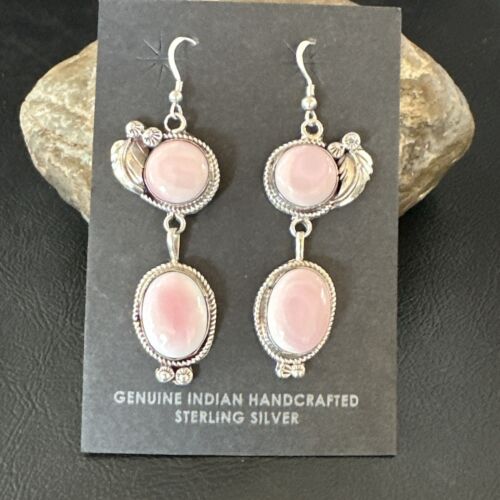 Navajo Pink Conch Shell Dangle Earrings | Sterling Silver | Authentic Native American Handmade | 17196