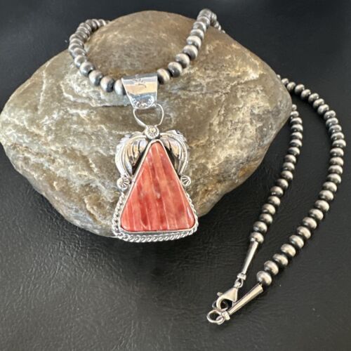 Navajo Red Spiny Oyster Pendant Necklace | Sterling Silver | Authentic Native American Handmade | 16149