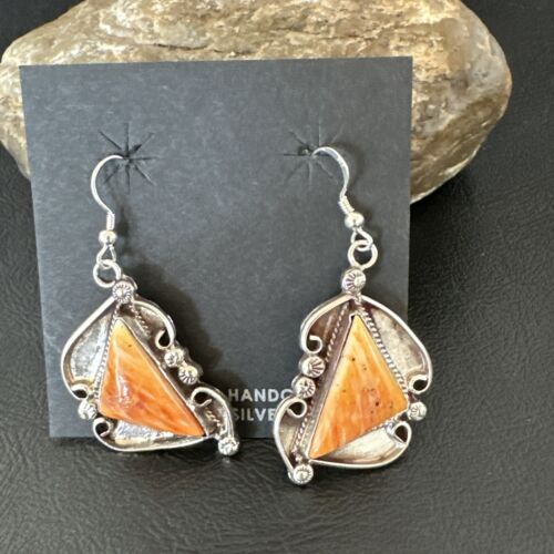 Navajo Orange Spiny Oyster Dangle Earrings | Sterling Silver | Authentic Native American Handmade | 17271